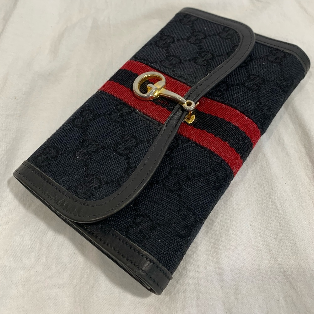 GUCCI black logo leather and canvas checkbook